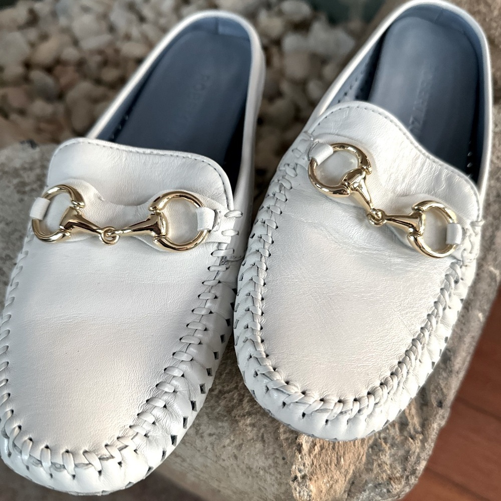 Robert Zur White Leather Slip-On Mules with Gold Horsebit